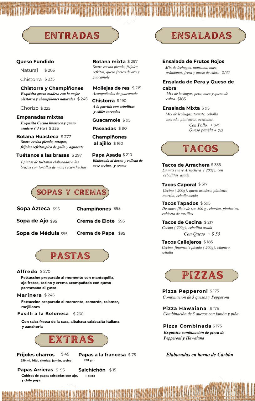 Menú página 1: entradas, queso fundido, empanadas, tuétanos, sopas y cremas, pastas, extras, ensaladas, tacos y pizzas, con precios.