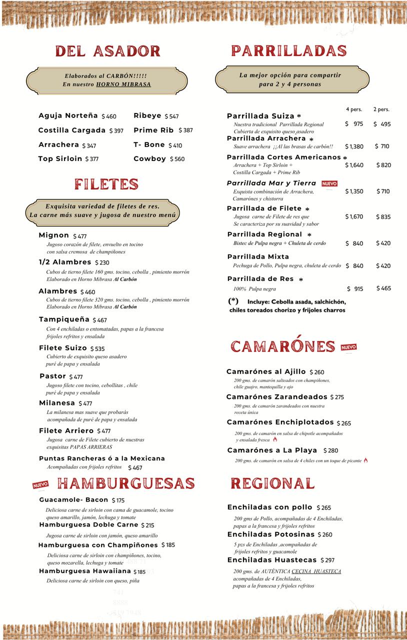 Menú página 2: del asador, filetes, hamburguesas, parrilladas para dos y cuatro personas, camarones y cocina regional, con precios.