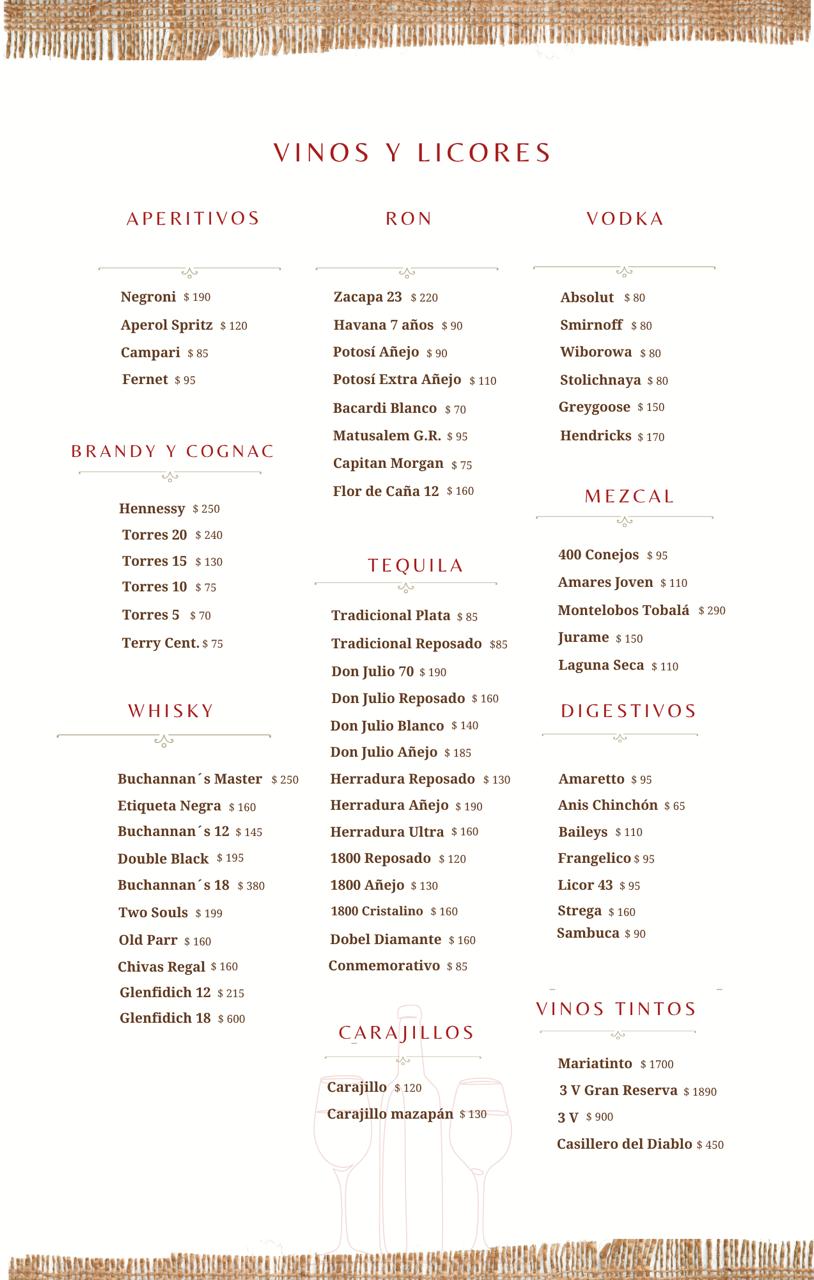 Menú página 4: vinos y licores, aperitivos, brandy y cognac, whisky, ron, tequila, carajillos, vodka, mezcal, digestivos y vinos tintos, con precios.